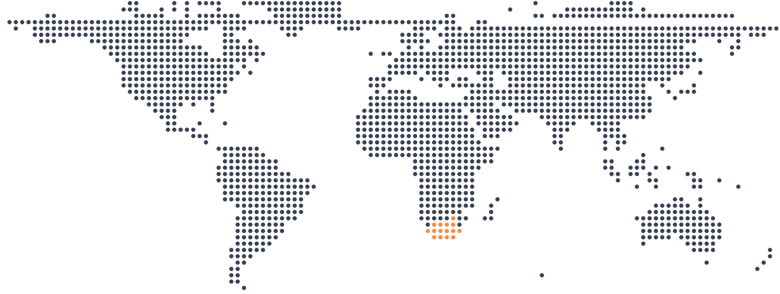 A dot map of the world with South Africa in tangerine, São Paulo and Paris next, and pins on Mexico City, Lagos and Manila